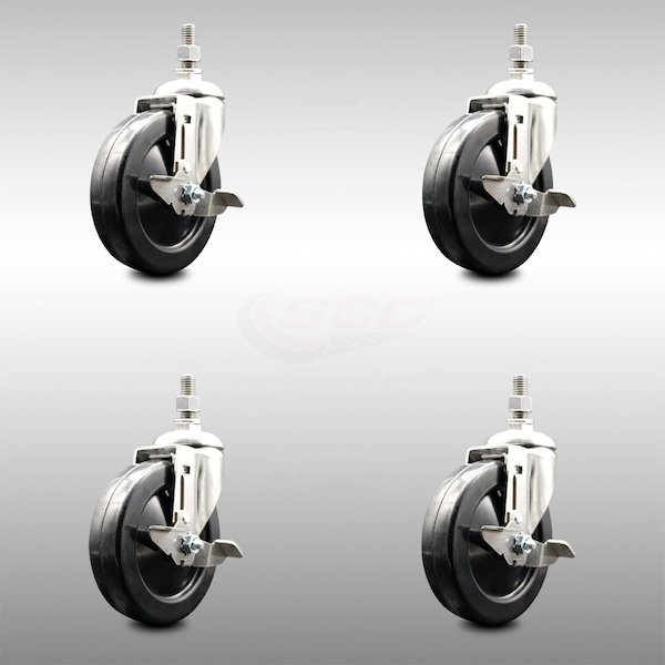 Service Caster 5 Inch 316SS Hard Rubber Wheel Swivel 10mm Threaded Stem Caster Set Brake SCC-SS316TS20S514-HRS-TLB-M1015-4 - main
